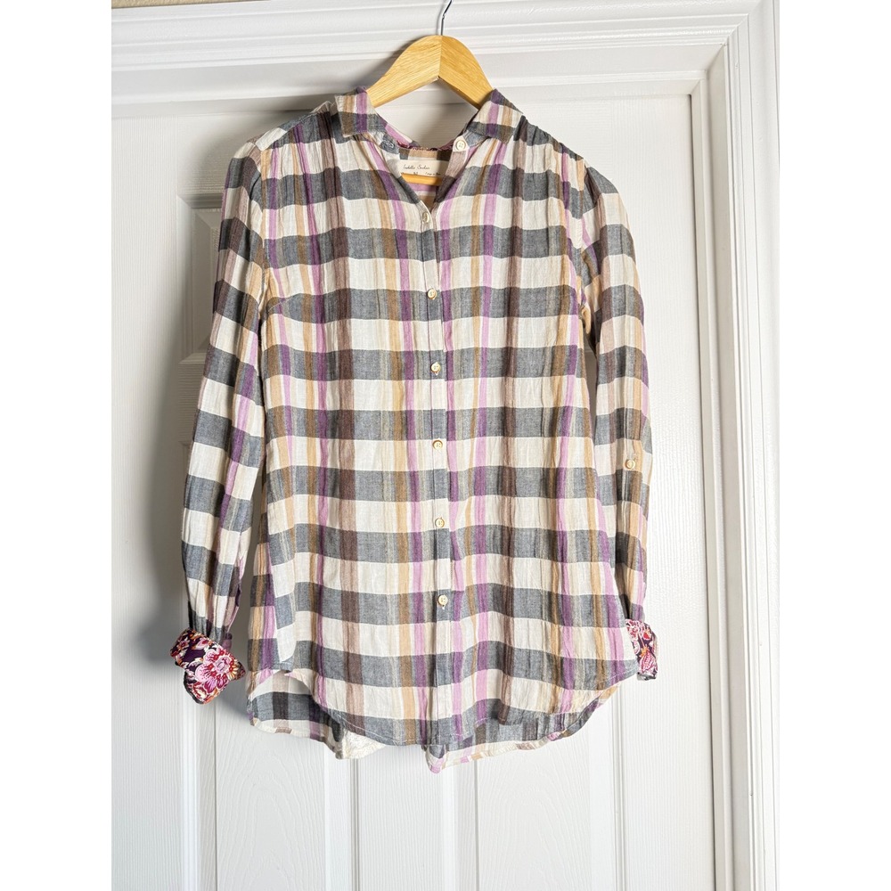 Isabella Sinclair Plaid Shirt Womens XS Purple Tan Lace Back Button Down Blouse